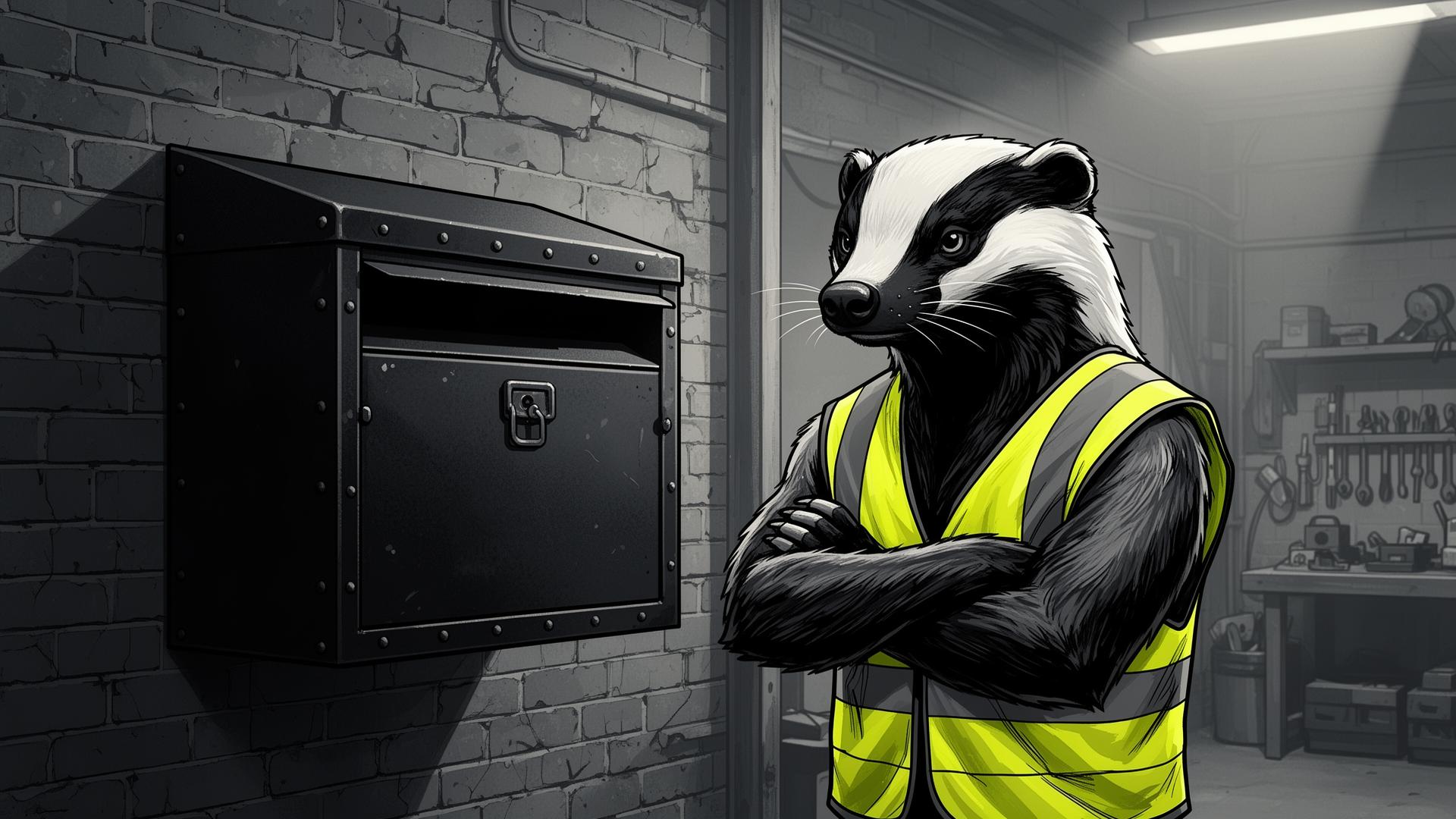 GOMP honey badger mascot in hi-vis vest guarding a steel parcel box
